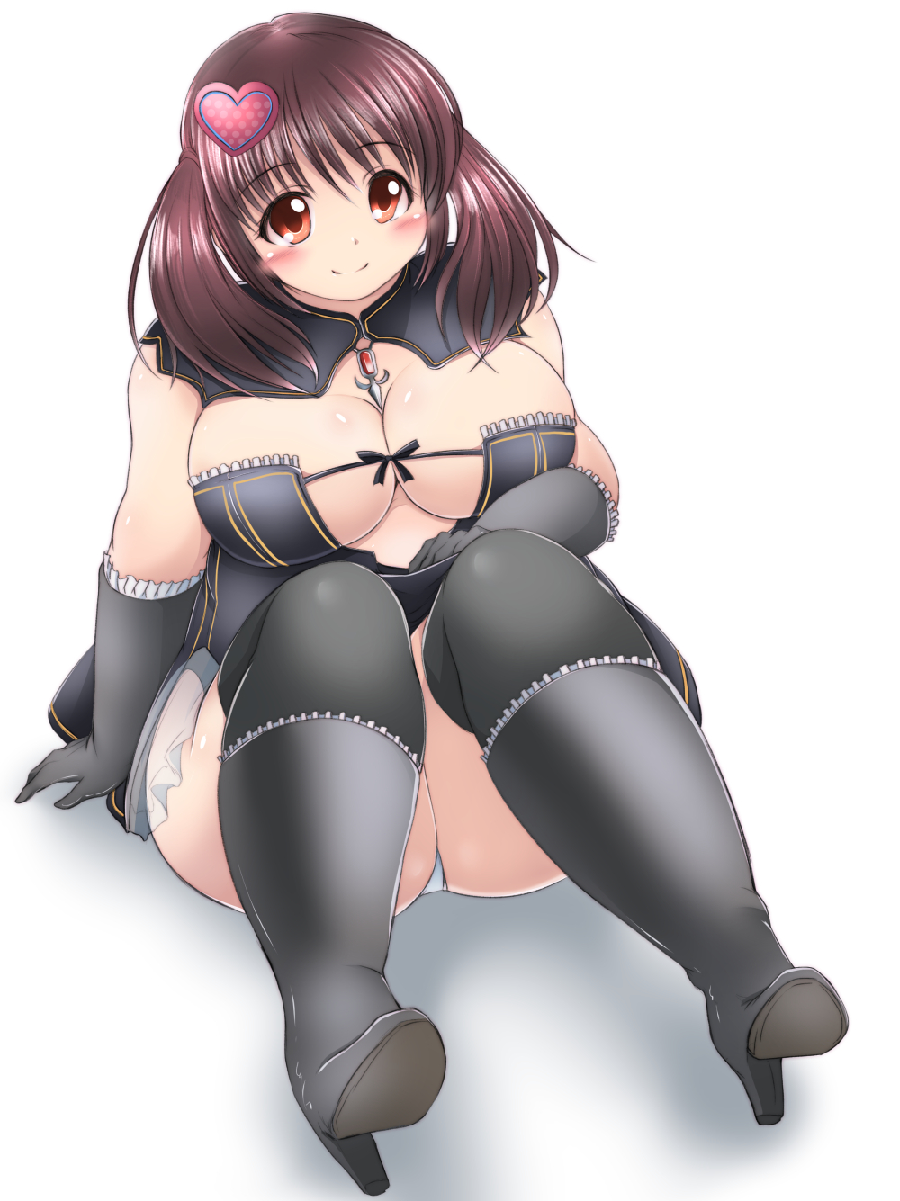 1girl, arm_support, black_gloves, blush, boots, breasts, brown_hair, capelet