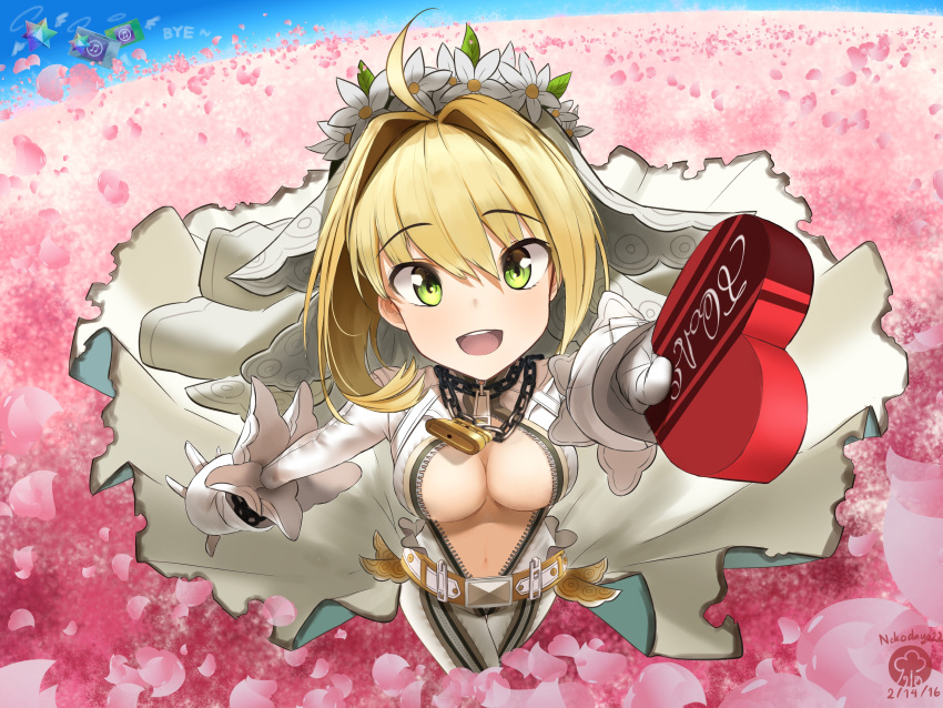 11eyes, :d, absurdres, belt, blonde_hair, bodysuit, breasts, bridal_veil