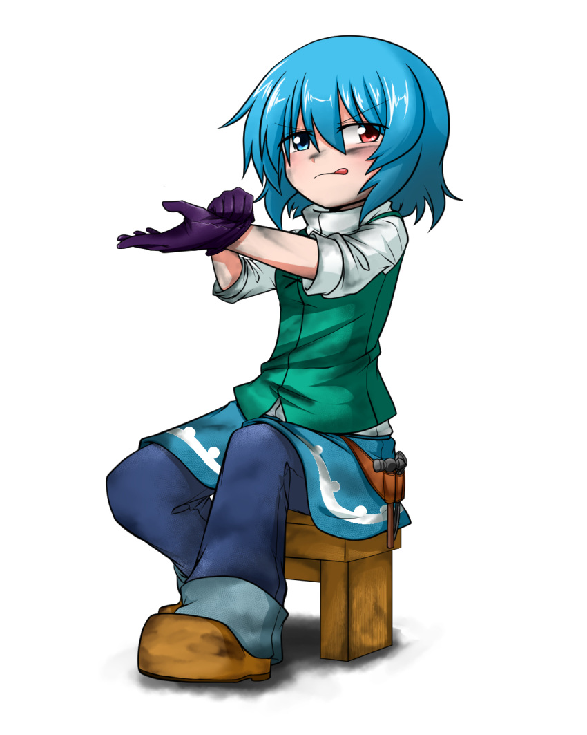 1girl, :q, blacksmith, blue_eyes, blue_hair, blush, boots, denim