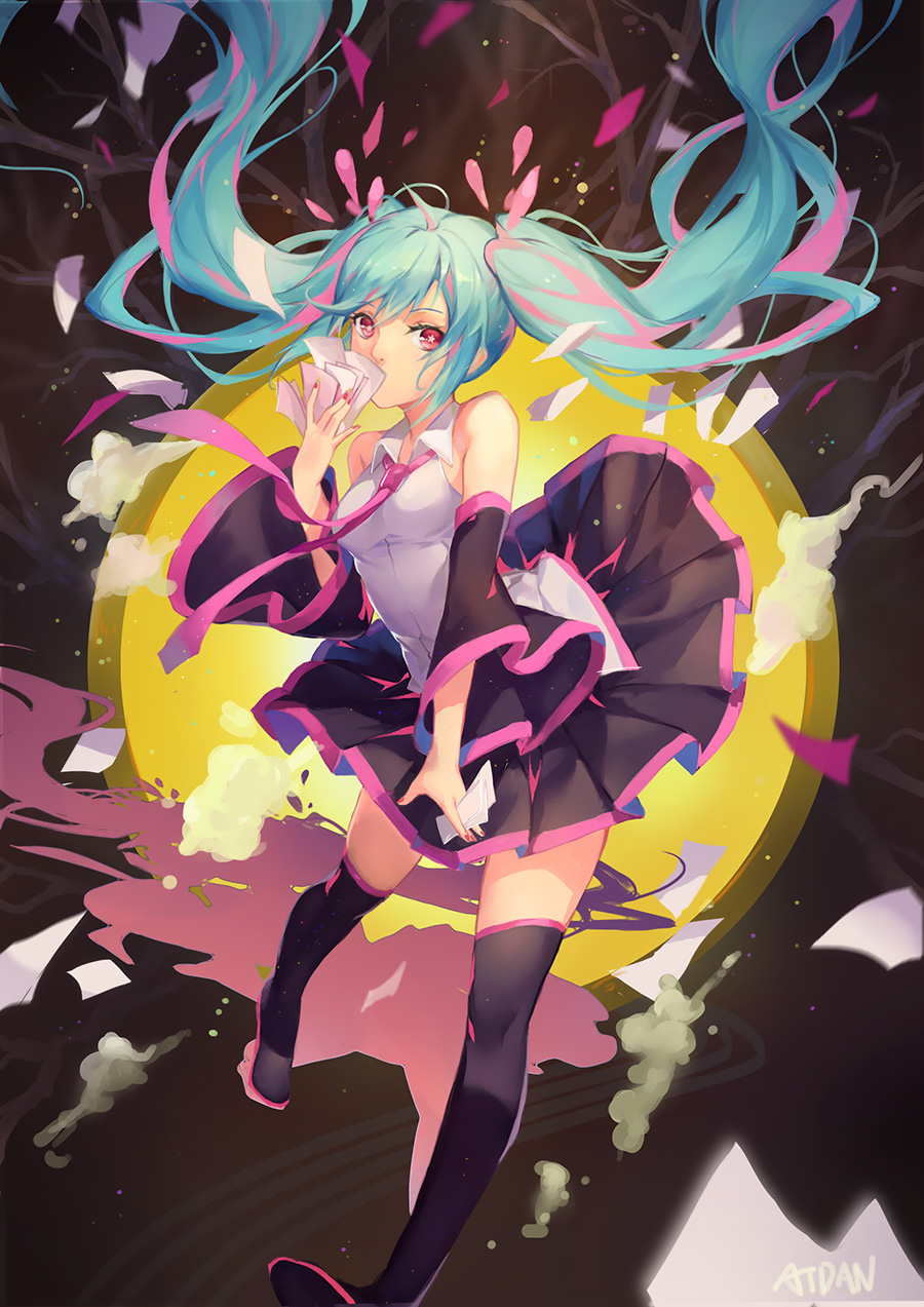 1girl, ahoge, artist_name, atdan, bare_shoulders, bare_tree, black_boots, black_legwear, black_skirt, boots, card, collared_shirt, covering_mouth, detached_sleeves, floating_hair, full_body, grey_shirt, hatsune_miku, highres, holding, holding_card, long_hair, long_sleeves, looking_at_viewer, mousou_zei_(vocaloid), multicolored_hair, nail_polish, outstretched_arm, pink_eyes, pink_hair, pink_nails, pink_necktie, plant, pleated_skirt, shirt, skirt, sleeveless, sleeveless_shirt, solo, star, star-shaped_pupils, symbol-shaped_pupils, thigh-highs, thigh_boots, tree, two-tone_hair, very_long_hair, vocaloid, walking, zettai_ryouiki