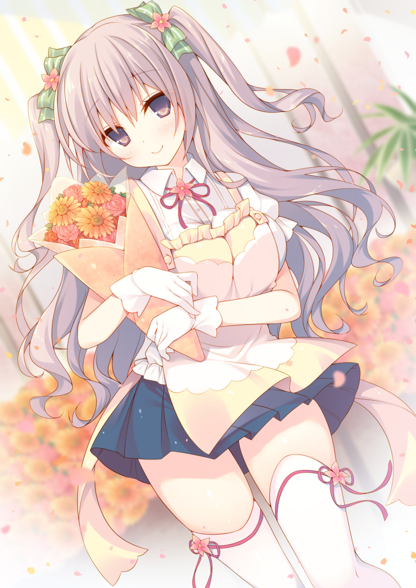 1girl, apron, bouquet, commentary_request, florist, flower, gloves, hair_ribbon