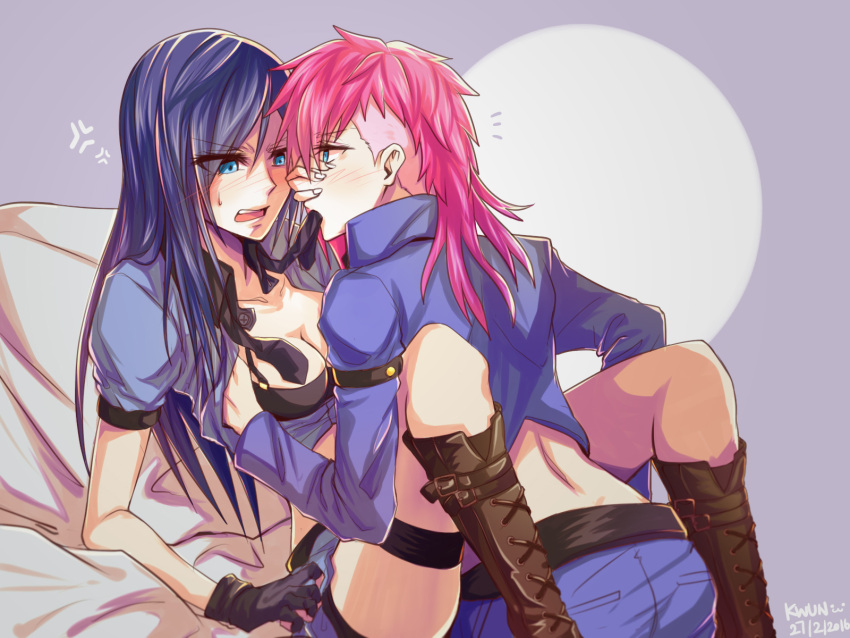 2girls, :3, anger_vein, artist_name, black_bra, blue_eyes, blue_hair, blush, boots, bra, breasts, caitlyn_(league_of_legends), cleavage, fingerless_gloves, gloves, hand_on_another's_face, highres, league_of_legends, mouth_hold, multiple_girls, no_hat, open_clothes, open_mouth, open_shirt, pink_hair, police, police_uniform, shirt, sweatdrop, thigh_strap, underwear, uniform, vi_(league_of_legends), xiao_guan, yuri