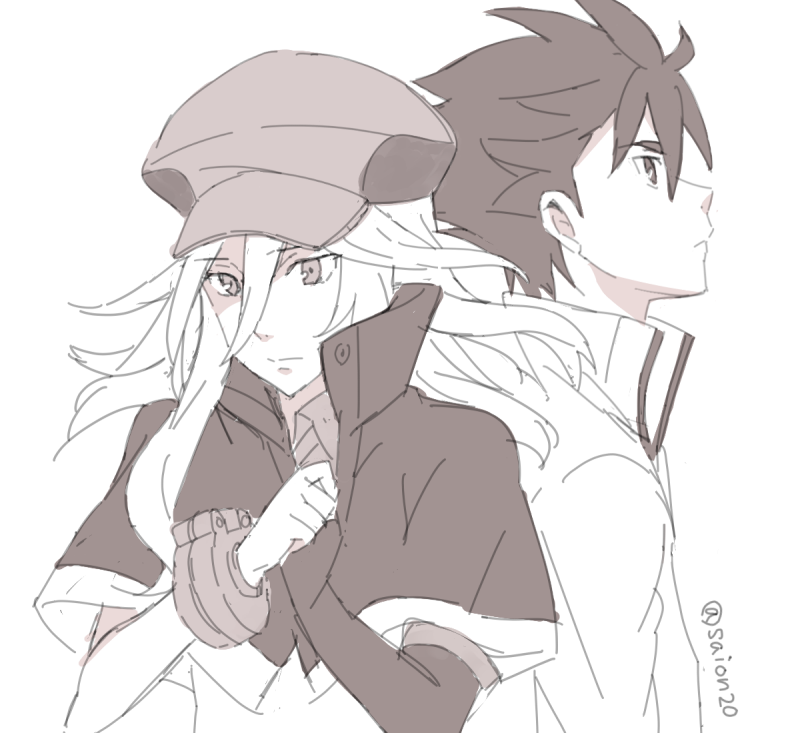 1boy, 1girl, alisa_ilinichina_amiella, black_hair, close-up, gloves, god_eater, hat