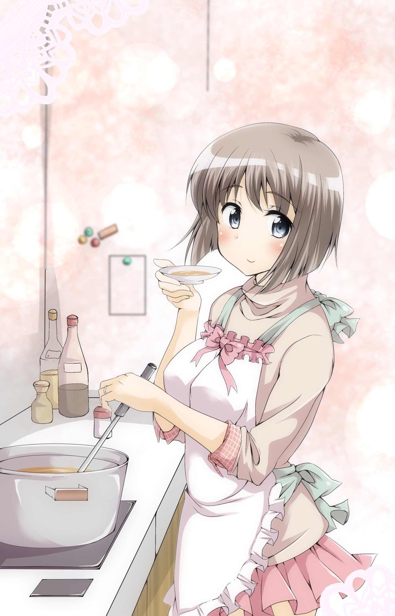1girl, apron, blue_eyes, brown_hair, ca2la, highres, kanon, ladle