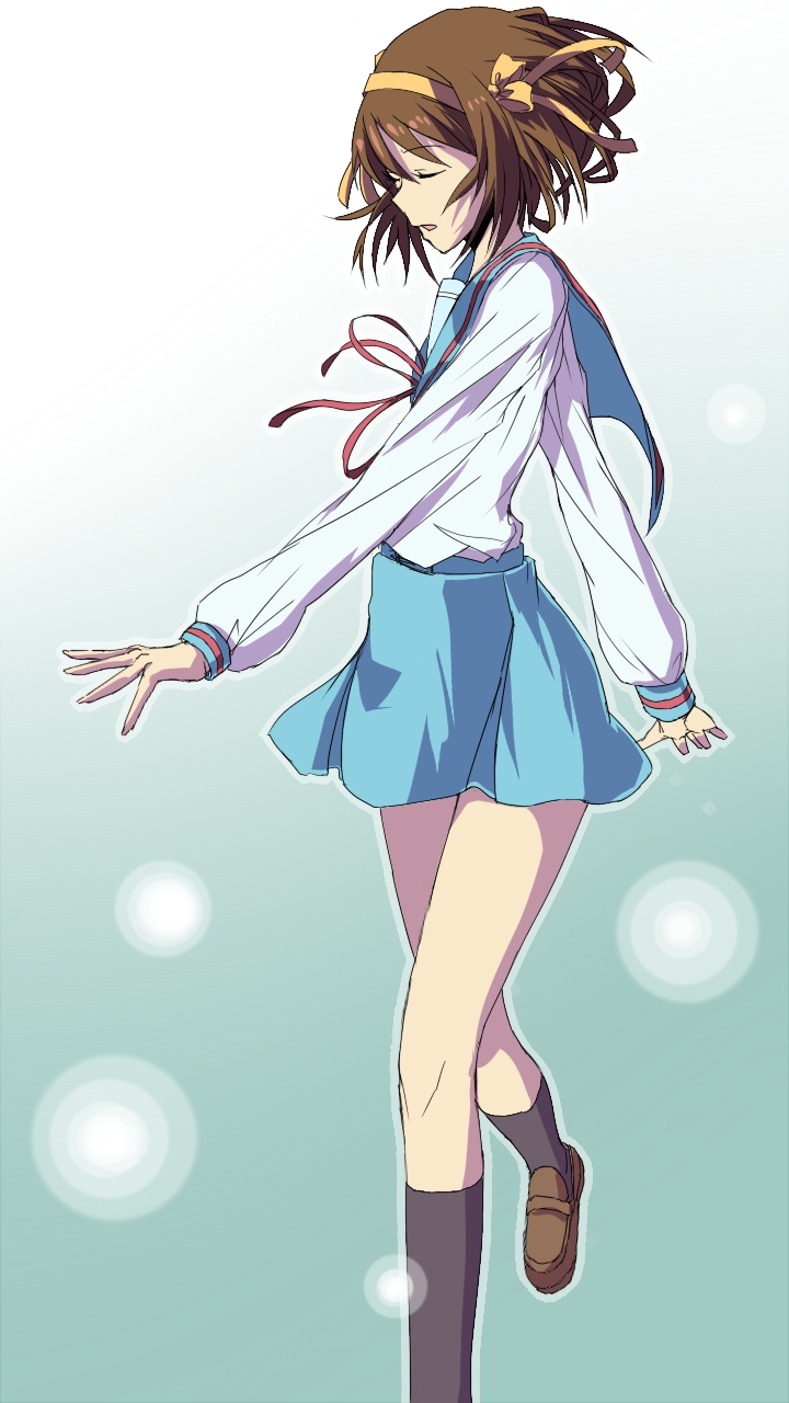 1girl, brown_hair, closed_eyes, hairband, highres, school_uniform, serafuku, short_hair, sugari, suzumiya_haruhi, suzumiya_haruhi_no_yuuutsu