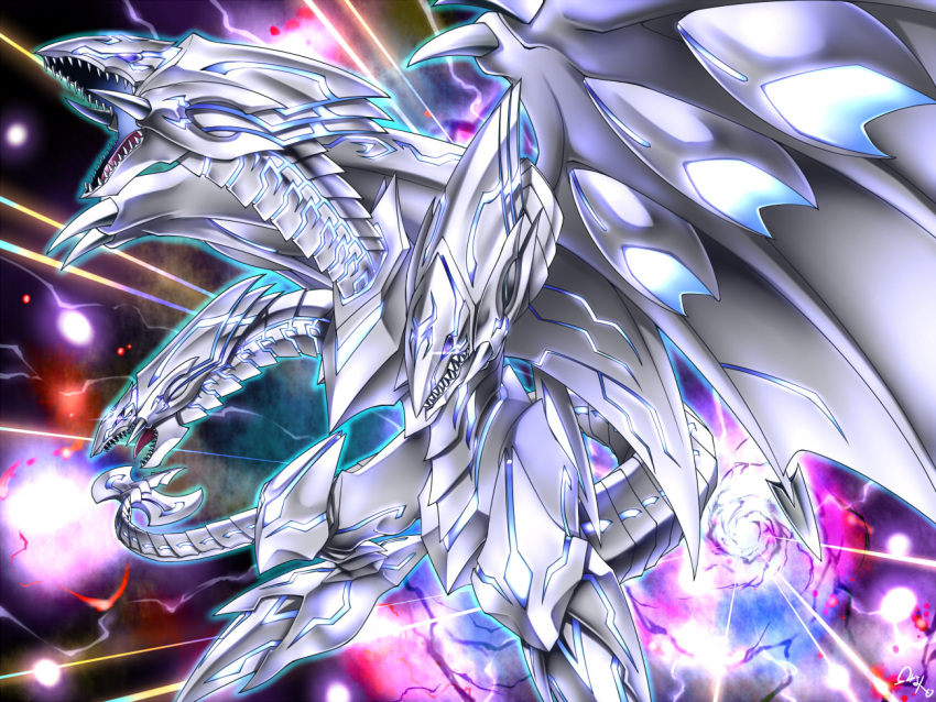 blue-eyes_white_dragon, blue_eyes, claws, dragon, duel_monster, multiple_heads, neo_blue-eyes_ultimate_dragon, no_humans, omega_na_hito, open_mouth, sharp_teeth, tagme, teeth, yuu-gi-ou, yuu-gi-ou_duel_monsters