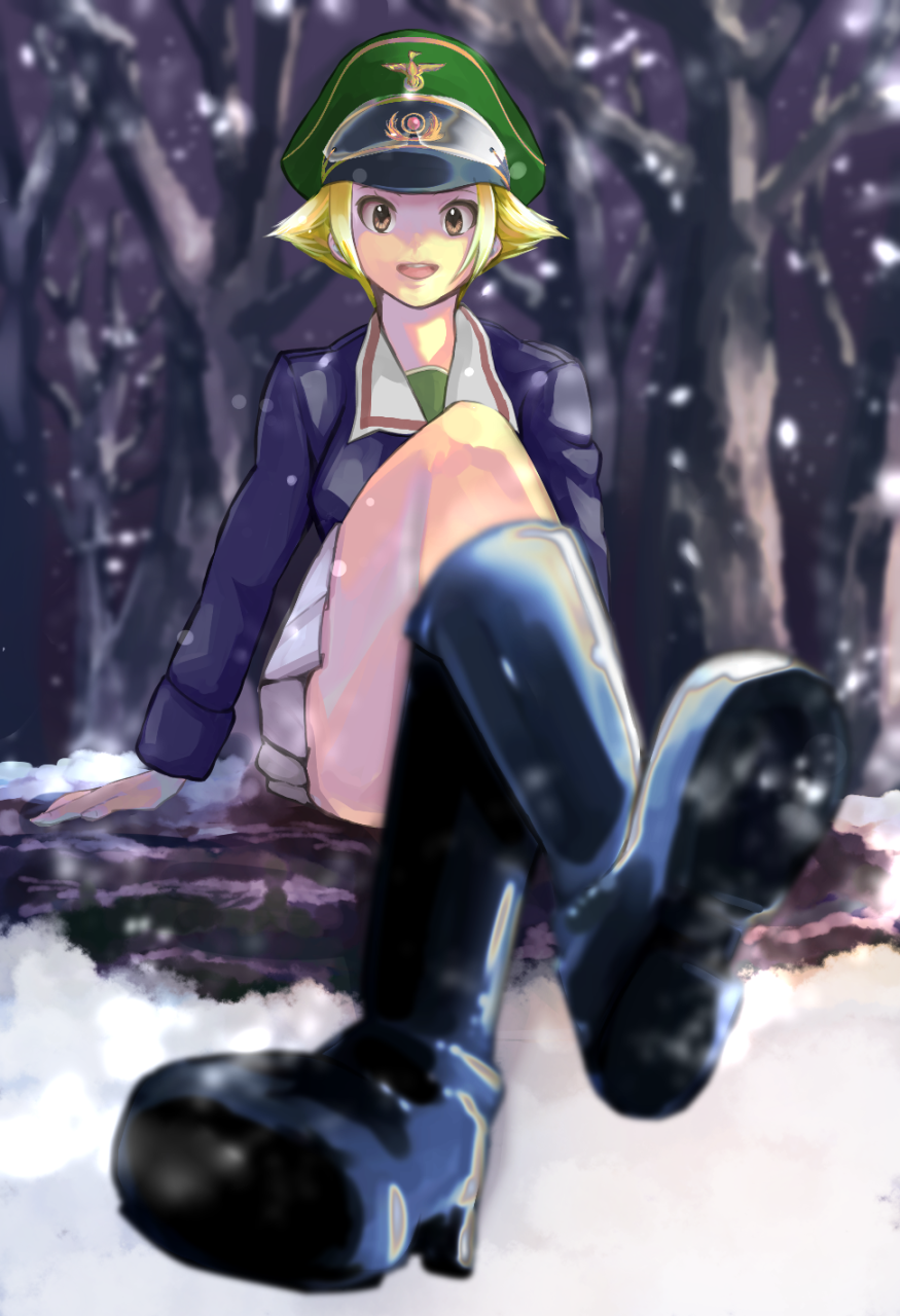 1girl, blonde_hair, boots, crossed_legs, erwin_(girls_und_panzer), forest, girls_und_panzer, hat