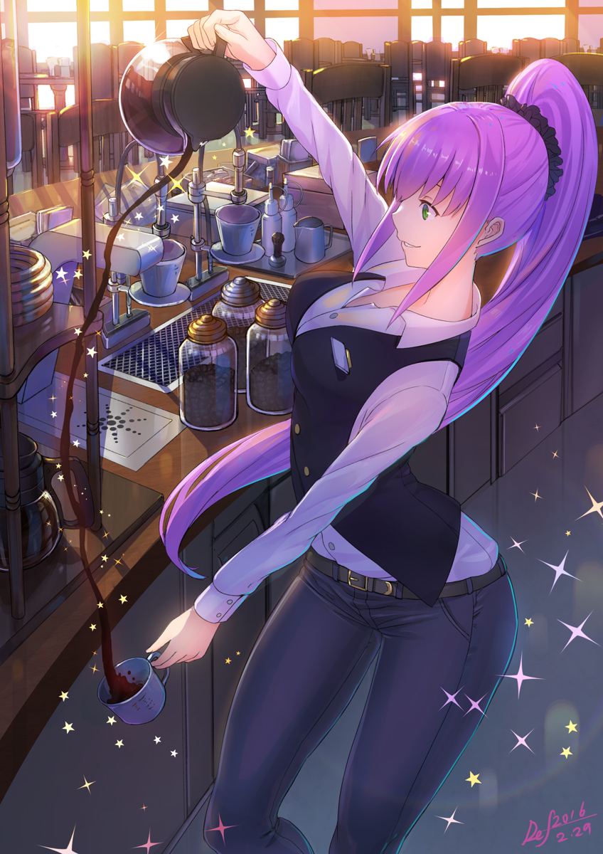 1girl, arched_back, artist_name, backlighting, bangs, belt, breasts, chair