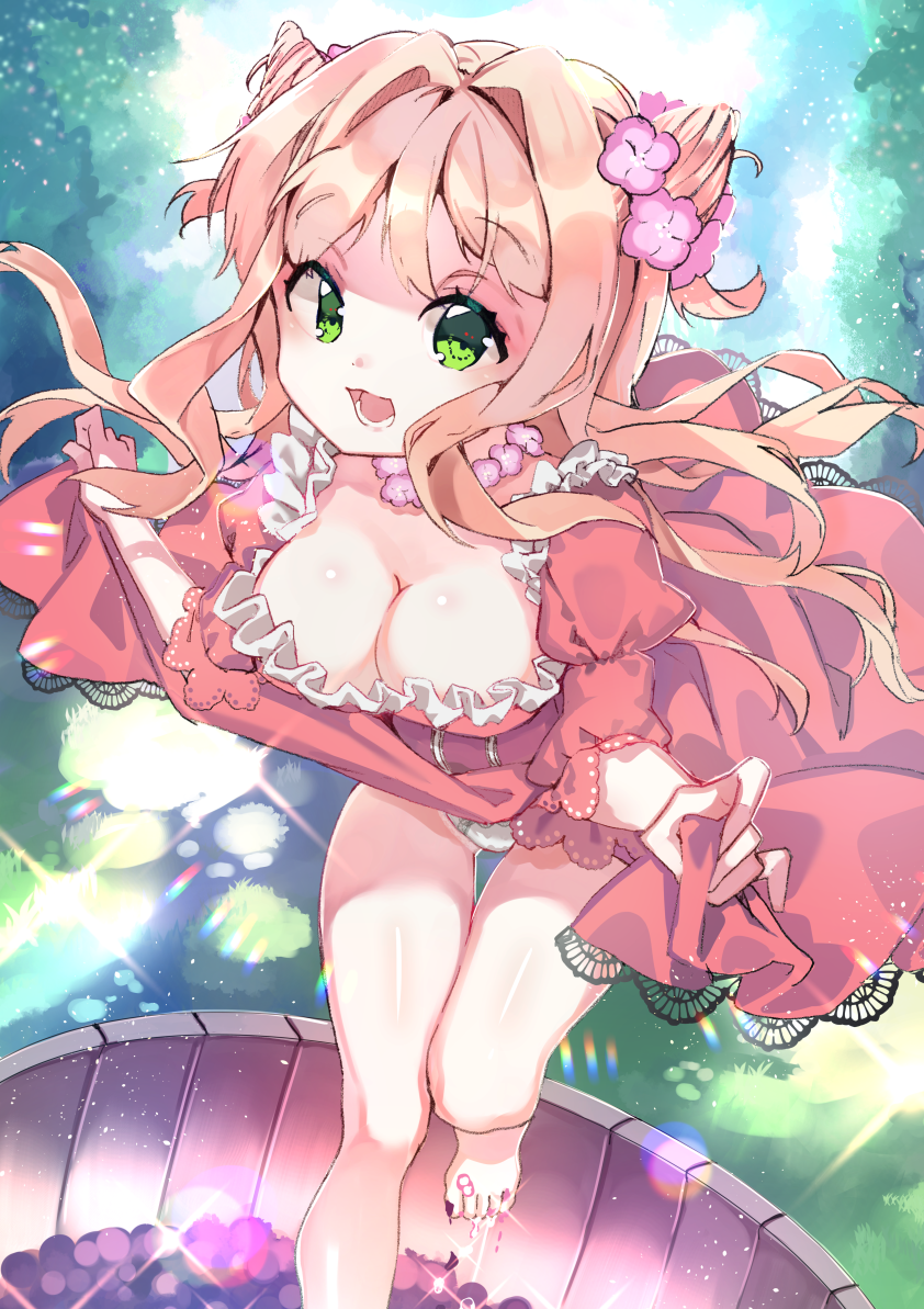 1girl, barefoot, blonde_hair, breasts, cleavage, double_bun, dress, flower