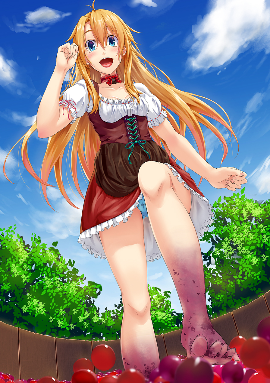 1girl, :d, barefoot, blonde_hair, blue_eyes, blush, collarbone, dress