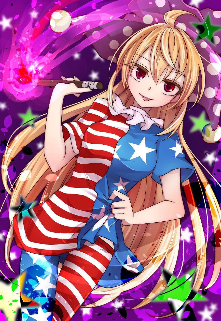 1girl, american_flag_legwear, american_flag_shirt, bangs, blonde_hair, clownpiece, collar, cowboy_shot