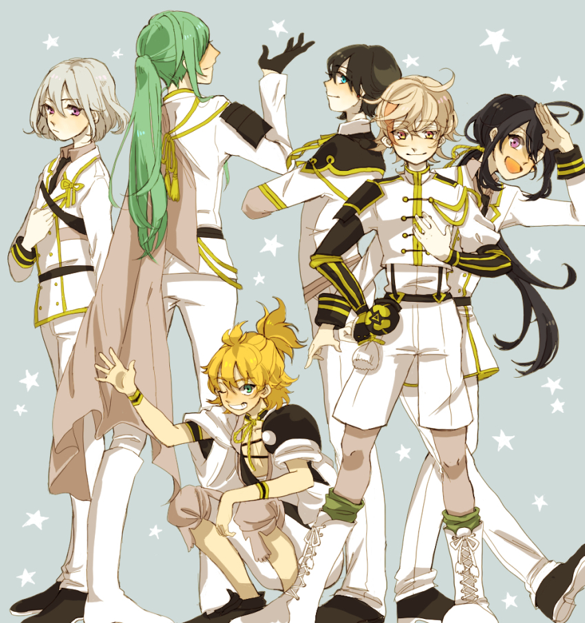 6+boys, ;d, ahoge, armor, black_gloves, black_hair, blonde_hair, blue_eyes