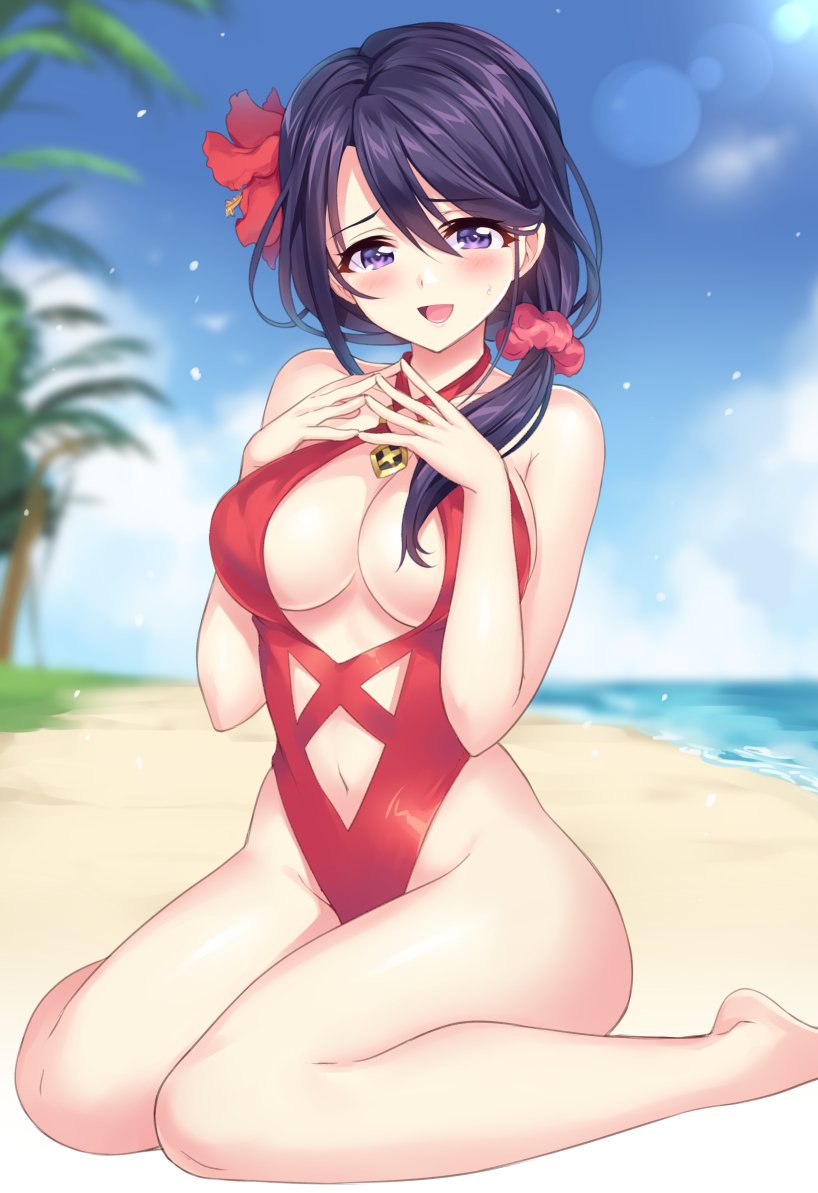 1girl, bangs, barefoot, beach, bikini, blush, breasts, cleavage