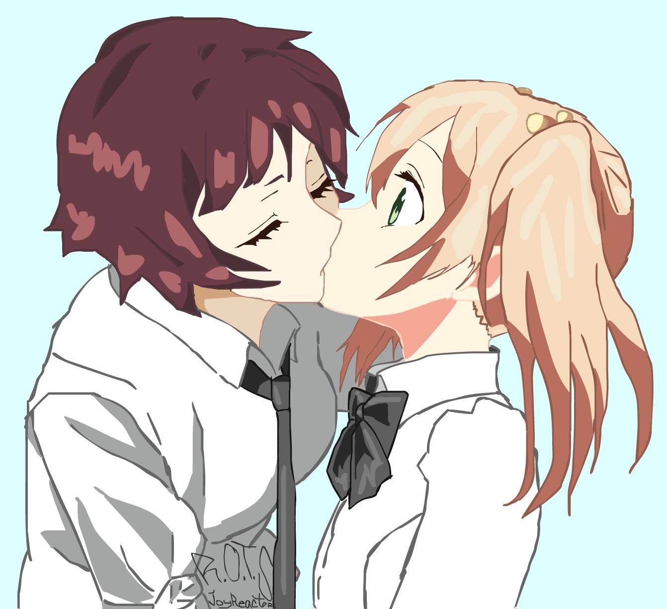 2girls, amputee, artist_request, blonde_hair, brown_hair, highres, ibarazaki_emi, katawa_shoujo, kiss, multiple_girls, no_arms, source_request, tezuka_rin, yuri