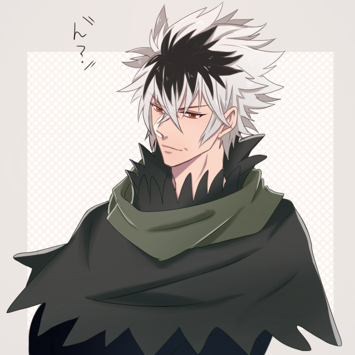 1boy, asura_(fire_emblem_if), black_hair, cape, fire_emblem, fire_emblem_if, haebara_zanka, multicolored_hair, orange_eyes, solo, two-tone_hair, white_hair