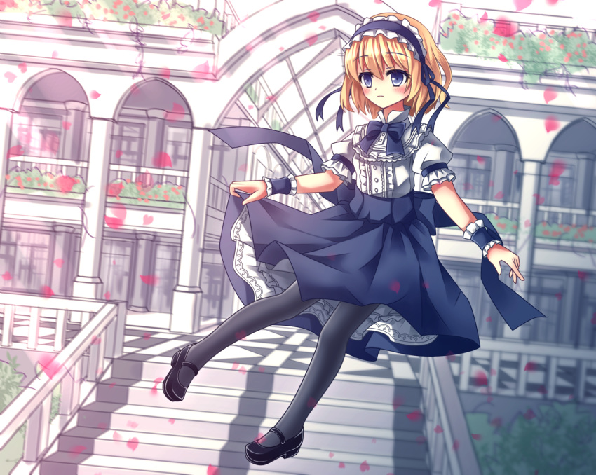 1girl, alice_margatroid, alice_margatroid_(pc-98), black_legwear, blonde_hair, blue_dress, blue_eyes, bow, capelet, dress, hair_bobbles, hair_ornament, hairband, legwear, lolita_hairband, pantyhose, short_hair, solo, touhou, touhou_(pc-98)