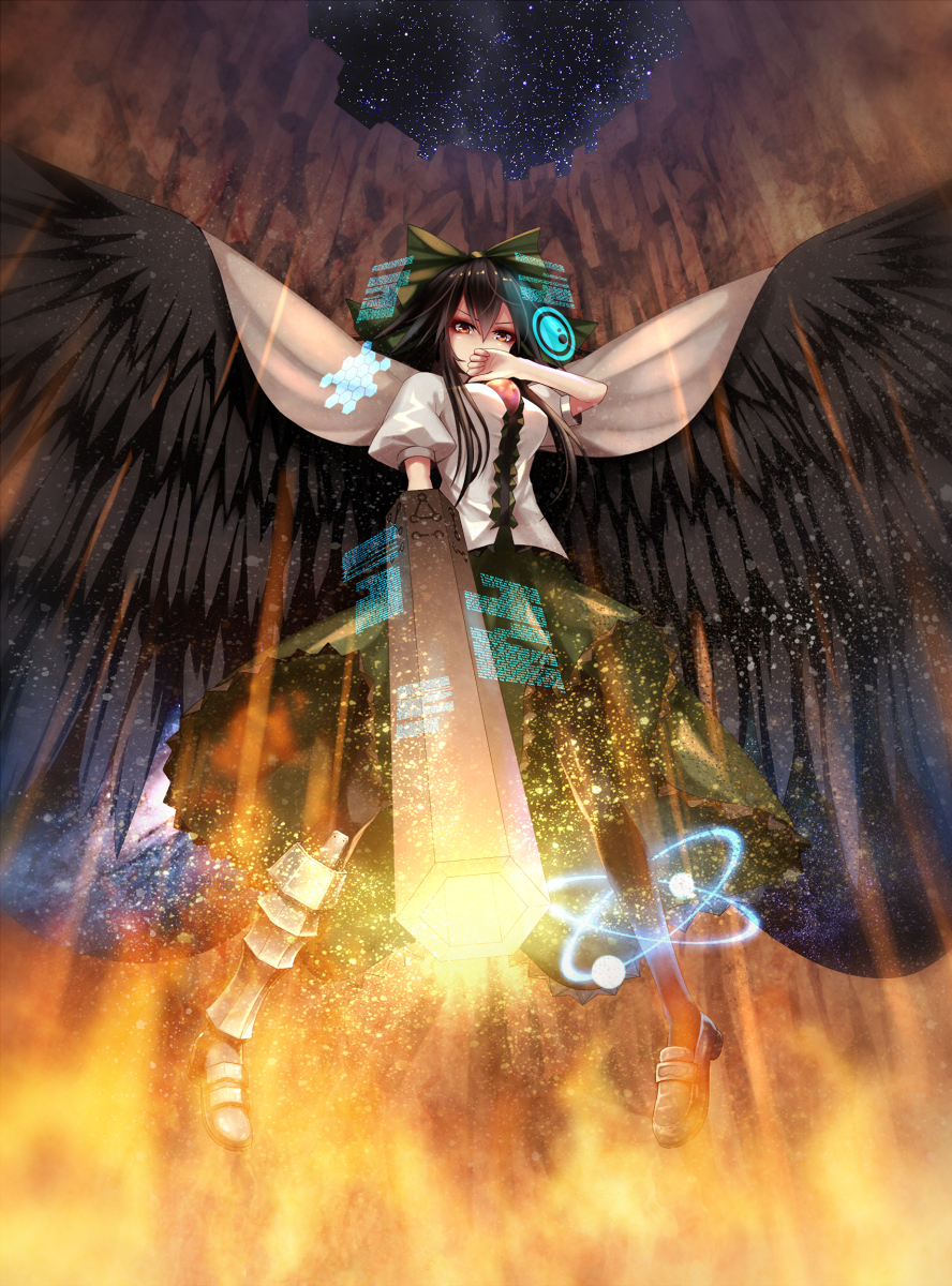 1girl, arm_cannon, armor, armored_boots, bird_wings, black_hair, black_wings, boots