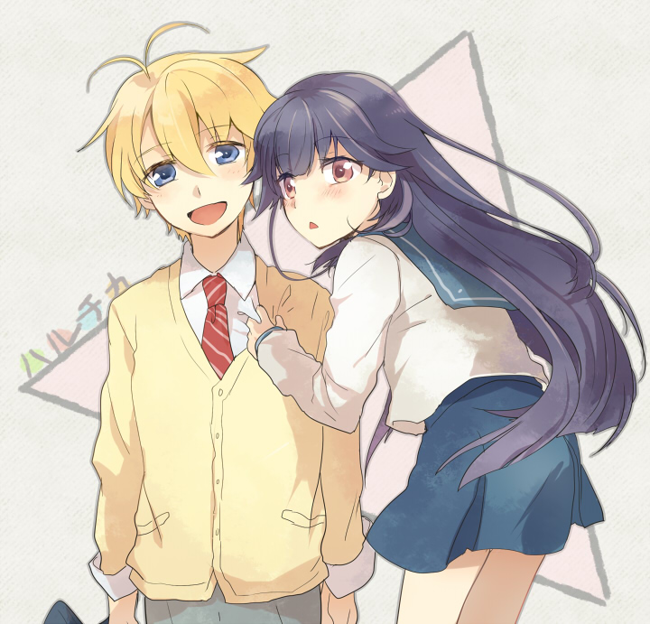 1boy, 1girl, black_hair, blonde_hair, blue_eyes, brown_eyes, cardigan, haruchika