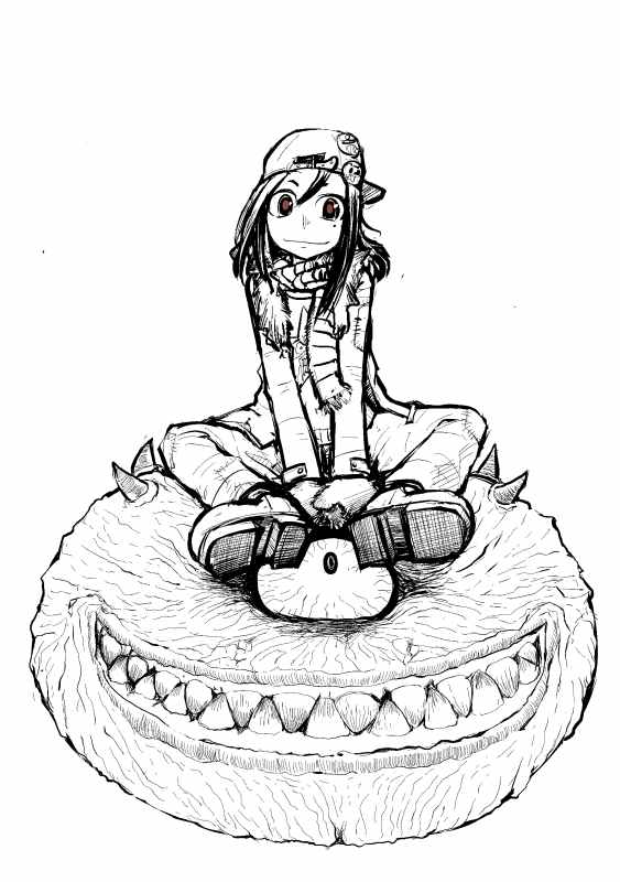 1girl, cacodemon, chink, doom_(game), eccma417, hat, monochrome, monster