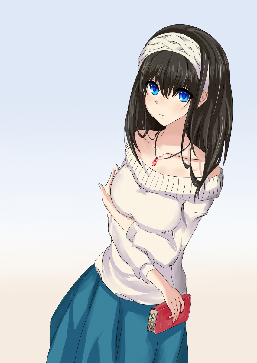 1girl, absurdres, bare_shoulders, black_hair, blue_eyes, book, breasts, collarbone