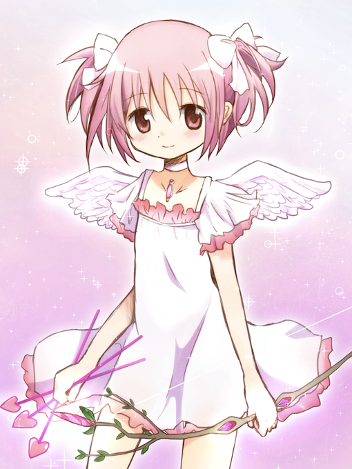 1girl, arrow, blush, bow, bow_(weapon), dress, goddess_madoka, hair_bow, holding, kaname_madoka, karaage_(torikkk), pink_eyes, pink_hair, short_hair, simple_background, solo, twintails, weapon, wings