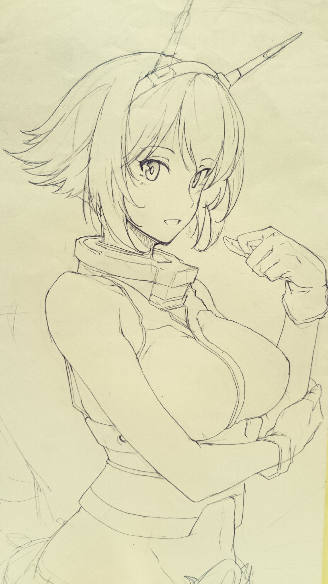 arm_up, bangs, bare_hips, breasts, collar, elbow_on_arm, from_side, gloves