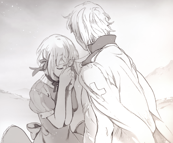 beige, closed_eyes, cross, dress, hair_ribbon, liechtenstein_(hetalia), monochrome, ribbon
