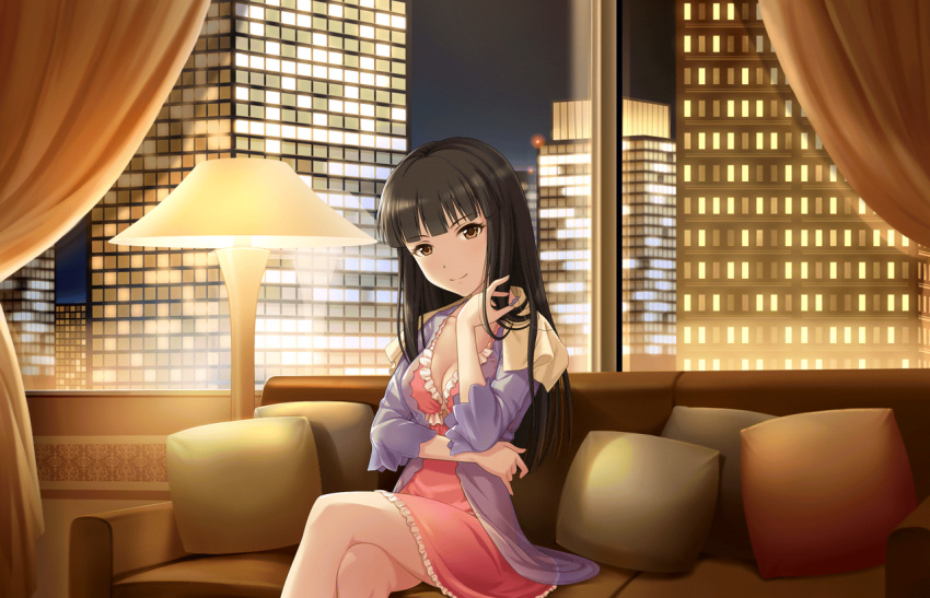 1girl, artist_request, bangs, black_hair, blunt_bangs, breasts, brown_eyes, city_lights