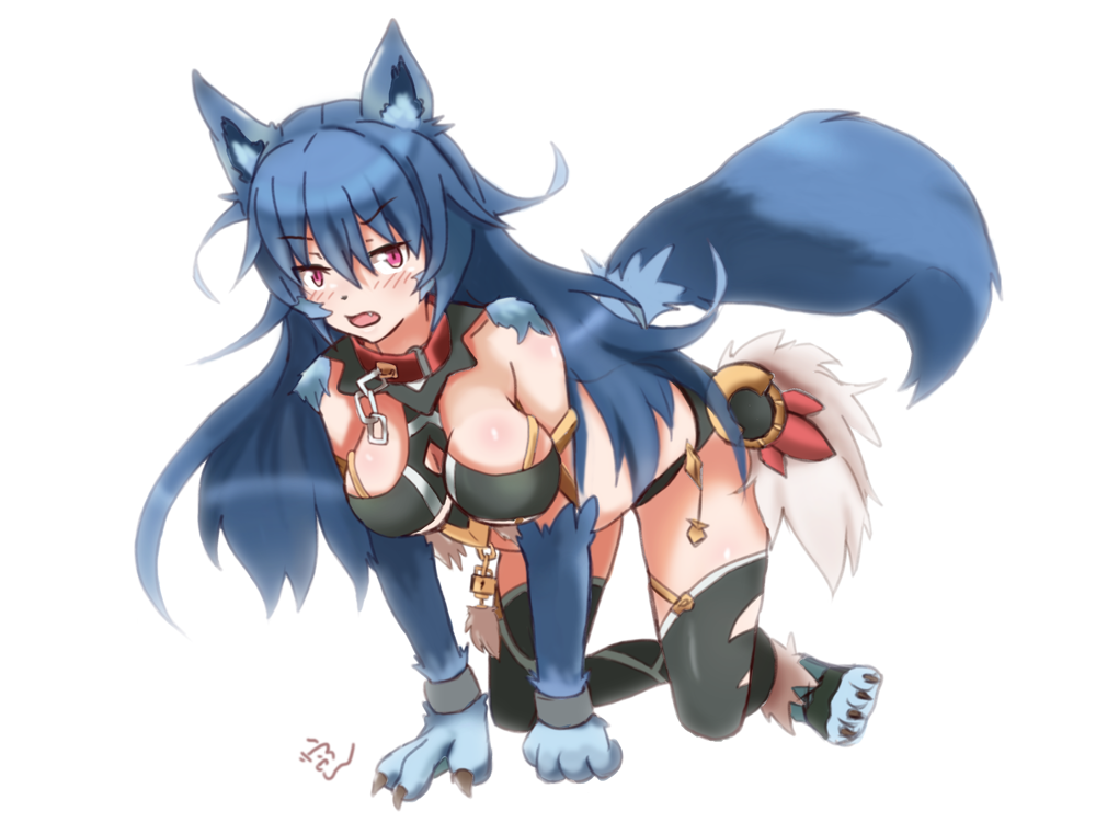 1girl, all_fours, animal_ears, blue_hair, blush, breasts, claws, collar, fang, fooring, froze_(monster_musume), long_hair, monster_girl, monster_musume_no_iru_nichijou, monster_musume_no_iru_nichijou_online, open_mouth, pink_eyes, simple_background, solo, tail, white_background, wolf_ears, wolf_girl, wolf_paws, wolf_tail