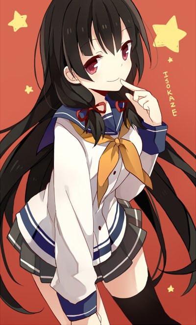 1girl, a_(riduass023), asymmetrical_legwear, black_hair, isokaze_(kantai_collection), kantai_collection, long_hair, red_eyes