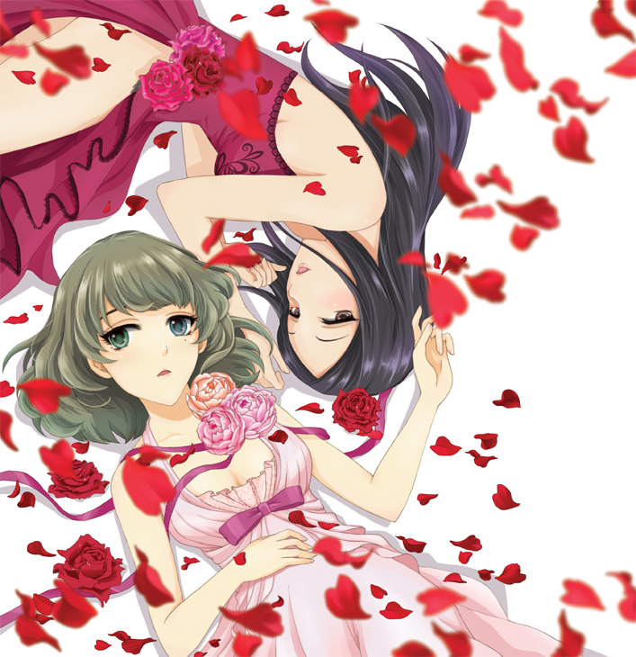 2girls, anrinu, bare_shoulders, black_hair, blush, breasts, brown_eyes, brown_hair
