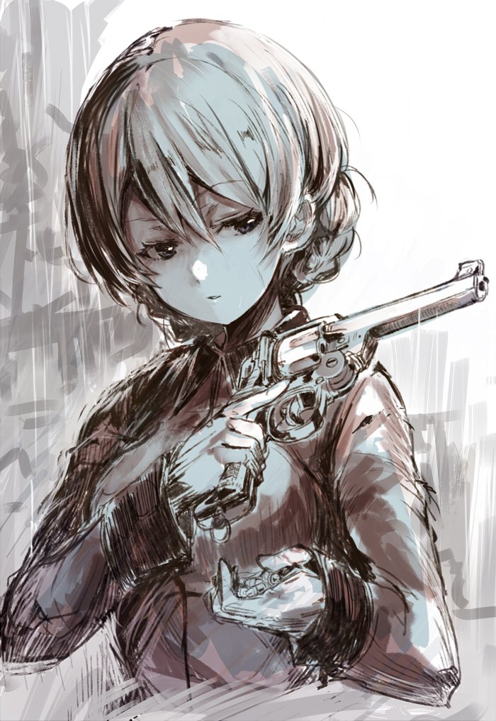 1girl, ammunition, bullet, cartridge, darjeeling, girls_und_panzer, gun, handgun, holding_gun, holding_weapon, military, military_uniform, revolver, sumisu_(mondo), tagme, trigger_discipline, uniform, weapon, webley_revolver