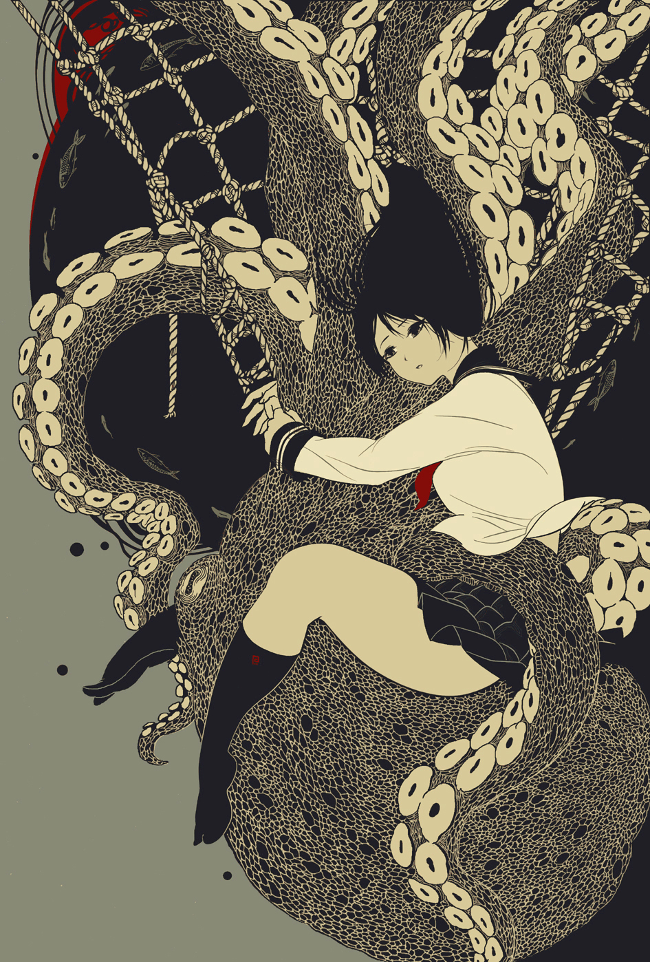1girl, black_eyes, black_hair, black_legwear, black_skirt, fish, highres, kondou_totetsu