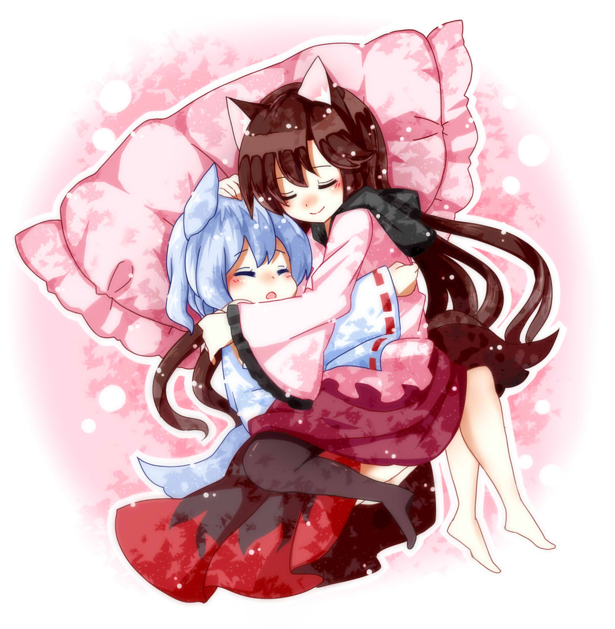 2girls, animal_ears, barefoot, blush, brown_hair, brown_legwear, closed_eyes, dress
