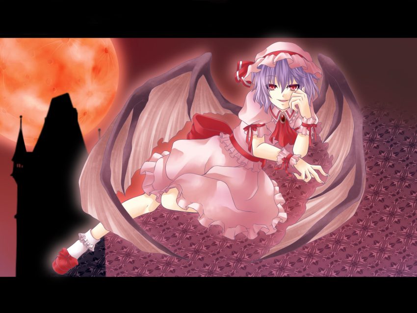 blue_hair, hat, highres, hitsugi_kaname, moon, red_eyes, red_moon, remilia_scarlet