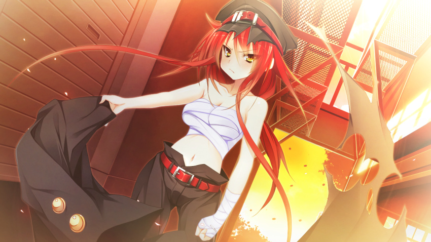 1girl, banchou, bandaged_arm, belt, breasts, covered_nipples, frown, game_cg