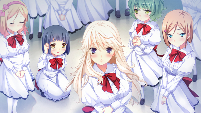 6+girls, blonde_hair, blue_eyes, blush, bow, brown_hair, dress, female, frills, game_cg, green_eyes, green_hair, hair_ornament, hairband, hairclip, koiseyo!!_imouto_banchou, long_hair, looking_at_viewer, multiple_girls, nogami_mai, nogami_ouka, school_uniform, short_hair, shy, violet_eyes, white_dress