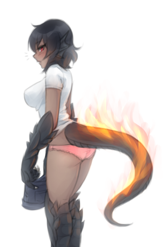 1girl, alternate_costume, alternate_hair_color, alternate_hair_length, alternate_hairstyle, black_hair, blush, breasts, dark_skin, dressing, fiery_tail, fire, from_side, head_fins, holding_clothes, lizard_girl, lizard_tail, monorus, monster_girl, monster_girl_encyclopedia, no_pants, panties, paws, pink_panties, profile, red_eyes, salamander_(monster_girl_encyclopedia), scales, shirt, short_hair, short_shorts, shorts, simple_background, solo, t-shirt, tail, underwear, white_background, white_shirt
