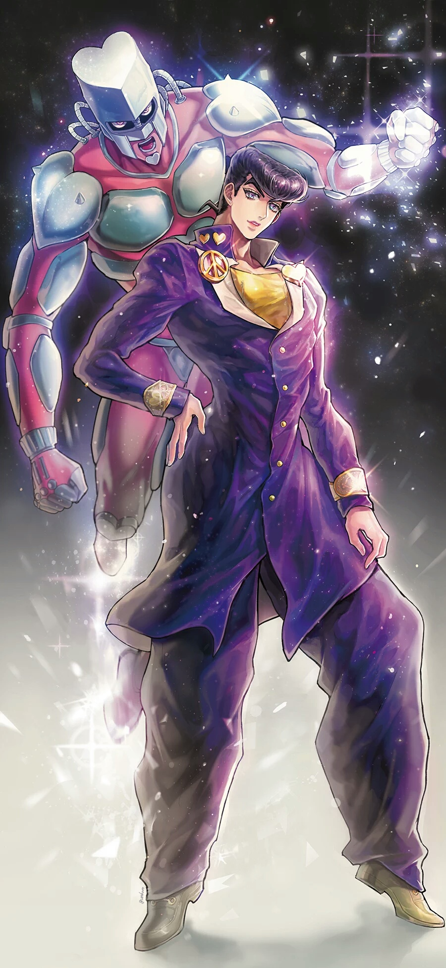 1boy, anchor_symbol, black_hair, crazy_diamond, gakuran, glowing, gradient, gradient_background