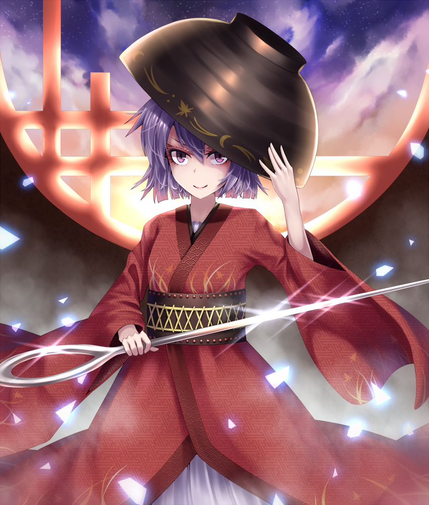 >:), 1girl, adjusting_clothes, adjusting_hat, bowl, bowl_hat, clouds, cloudy_sky, cowboy_shot, glint, hat, japanese_clothes, kimono, light_particles, looking_at_viewer, needle, night, night_sky, obi, purple_hair, round_window, sash, short_hair, sky, smile, solo, star_(sky), starry_sky, sukuna_shinmyoumaru, touhou, unmoving_pattern, violet_eyes, zennmai_siki