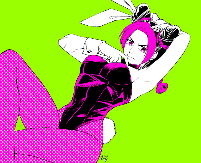 animal_ears, arm_behind_head, black_hair, braid, breasts, bunny_tail, bunnysuit, detached_collar