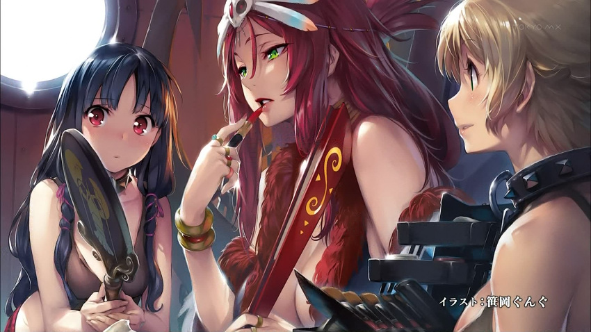 3girls, applying_makeup, armlet, black_hair, blonde_hair, blush, breasts, cleavage
