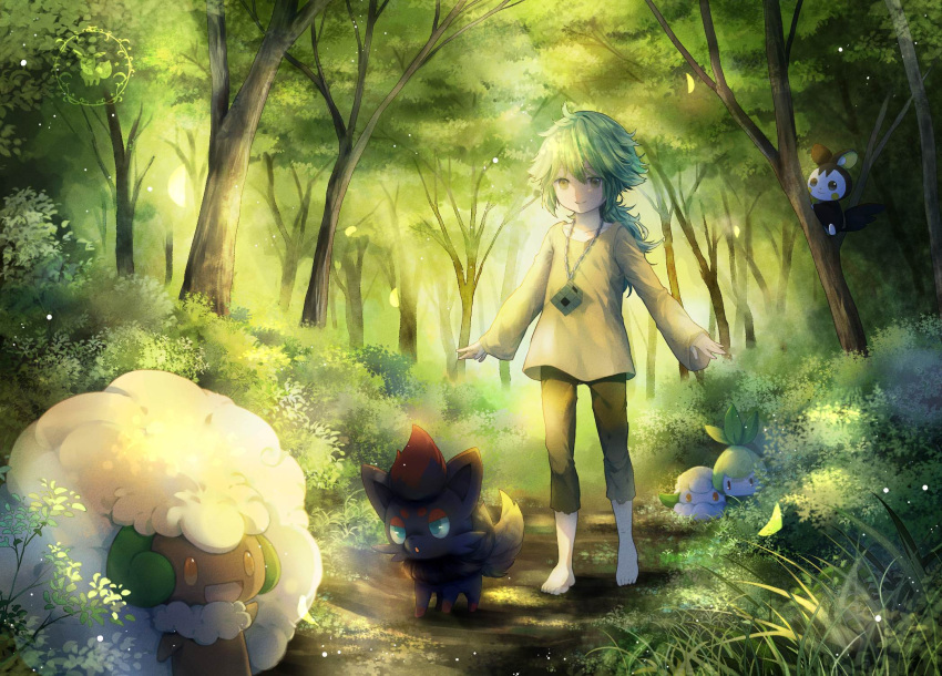 1boy, barefoot, chain, cottonee, eevee, emolga, forest, grass, green_eyes, green_hair, highres, in_tree, light_rays, looking_at_viewer, mio_(pixiv6572033), n_(pokemon), nature, outdoors, petilil, pokemon, smile, sunbeam, sunlight, tagme, tree, walking, watermark, whimsicott, zorua