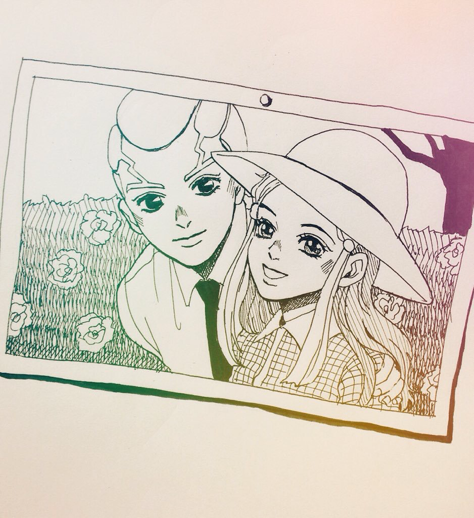 1boy, 1girl, arm_around_shoulder, brother_and_sister, crosshatching, enrico_pucci, flower, hage_tashuumi, hair_bobbles, hair_ornament, hat, jojo_no_kimyou_na_bouken, monochrome, necktie, open_mouth, perla_pucci, photo_(object), siblings, sidelocks, smile, sun_hat, tree