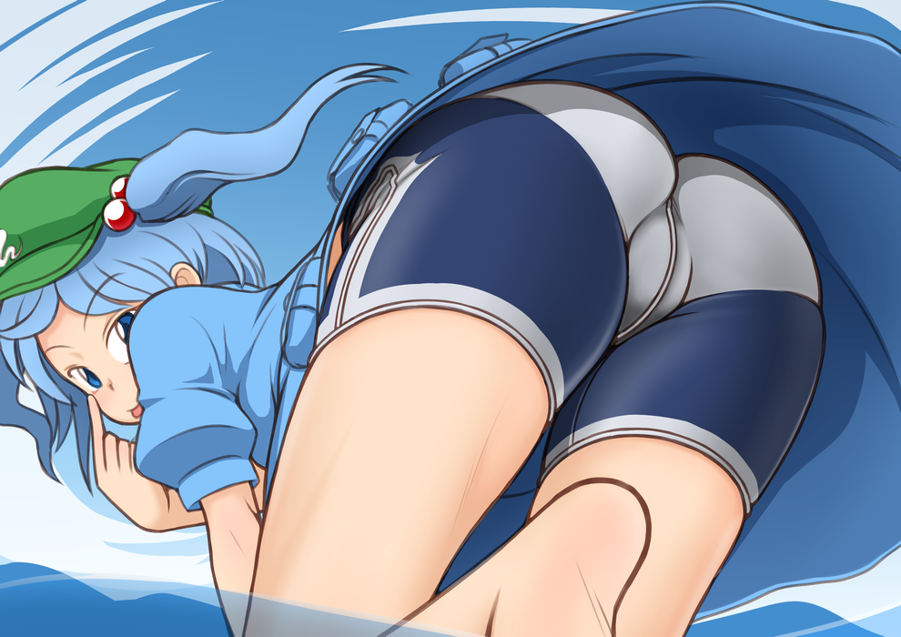 1girl, akanbe, ass, barefoot, bent_over, bike_shorts, blue_eyes, blue_hair