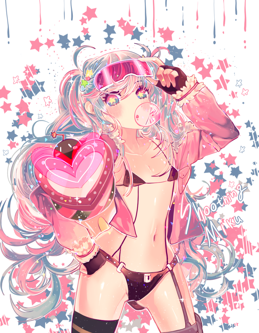 1girl, aqua_eyes, aqua_hair, blush, bubble_blowing, bubblegum, character_name, fingerless_gloves
