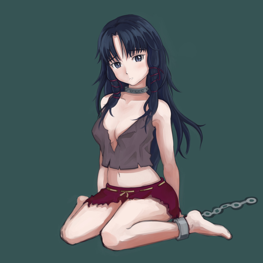 1girl, barefoot, blue_eyes, blue_hair, breasts, chain, cleavage, collar
