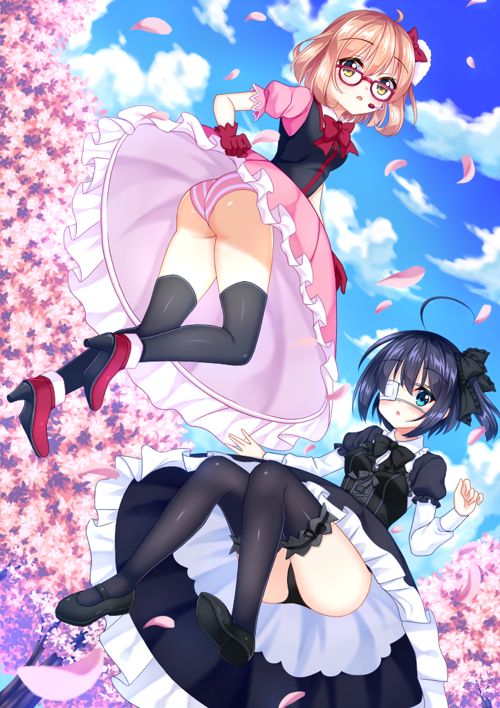 2girls, black_hair, blue_eyes, brown_hair, cherry_blossoms, chuunibyou_demo_koi_ga_shitai!, company_connection, dress