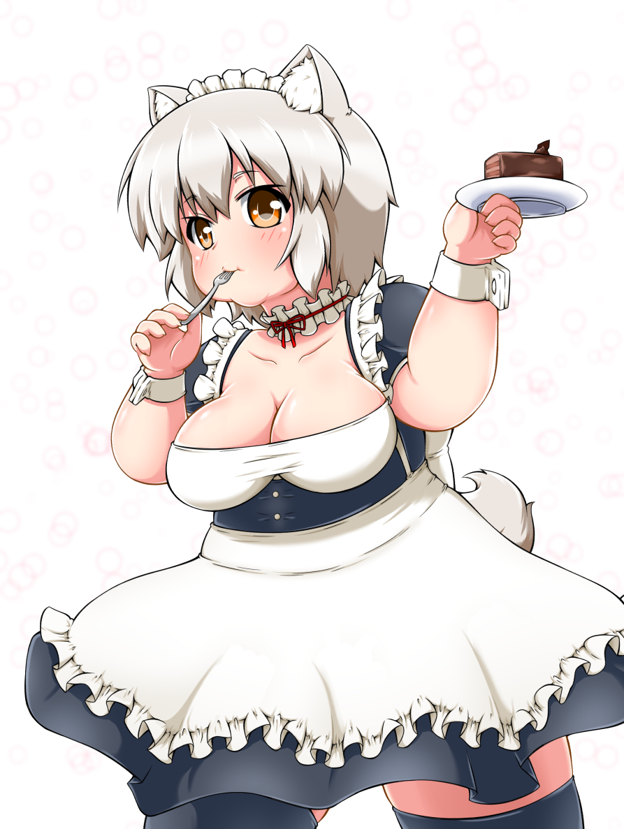 1girl, animal_ears, apron, bare_shoulders, breasts, cake, cleavage, collarbone