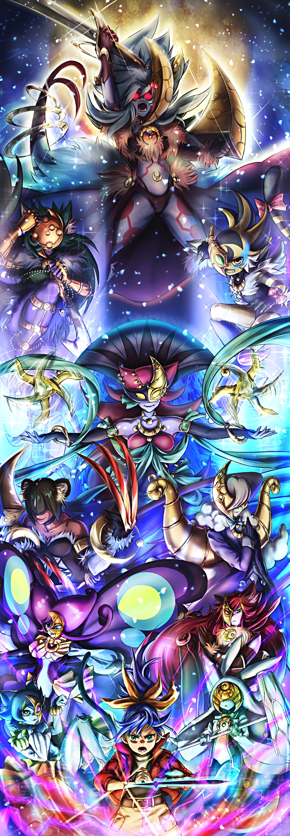 absurdres, armor, artist_request, beads, black_hair, blue_hair, breasts, cape, cat_girl, claws, dark_skin, duel_monster, fangs, fur, glowing, glowing_eyes, green_hair, hair_ribbon, highres, horns, long_hair, looking_at_viewer, lunalight_black_sheep, lunalight_blue_cat, lunalight_cat_dancer, lunalight_crimson_fox, lunalight_leo_dancer, lunalight_panther_dancer, lunalight_purple_butterfly, lunalight_tiger, lunalight_white_rabbit, lunalight_wolf, mask, moon, purple_hair, purple_skin, redhead, ribbon, serena_(yuu-gi-ou_arc-v), shawl, silver_hair, star_(sky), stripped, sword, very_long_hair, weapon, wings, yellow_eyes, yuu-gi-ou